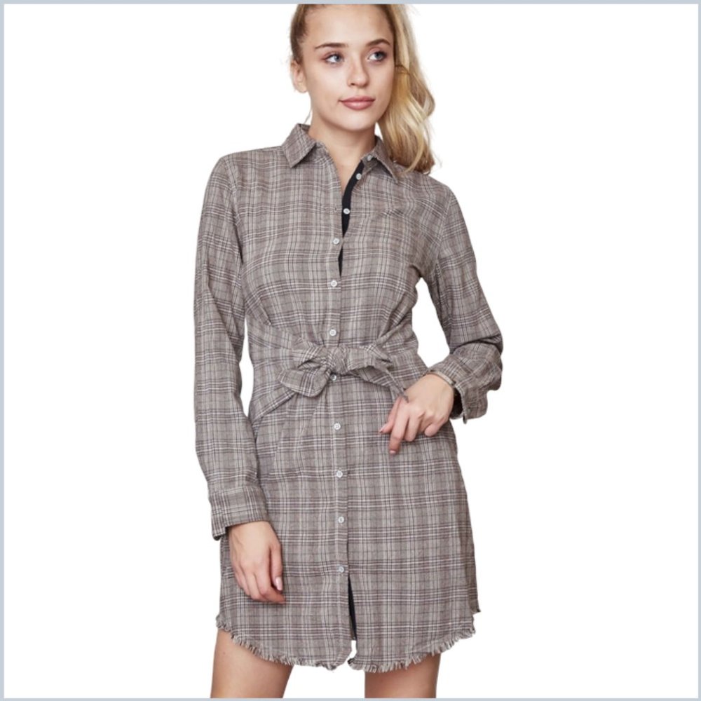 100% Cotton Button Down Plaid Shirt Dress w Front Tie